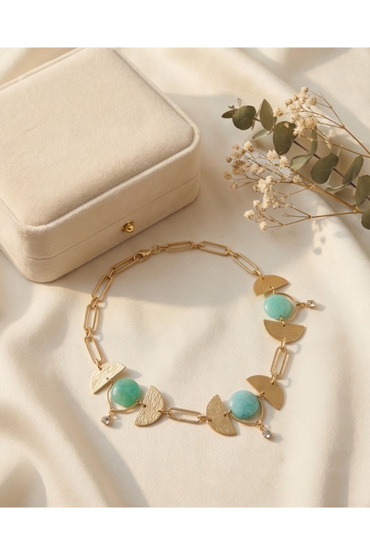 ALTIN KAPLAMA AMAZONİT TAŞLI CHOKER KOLYE