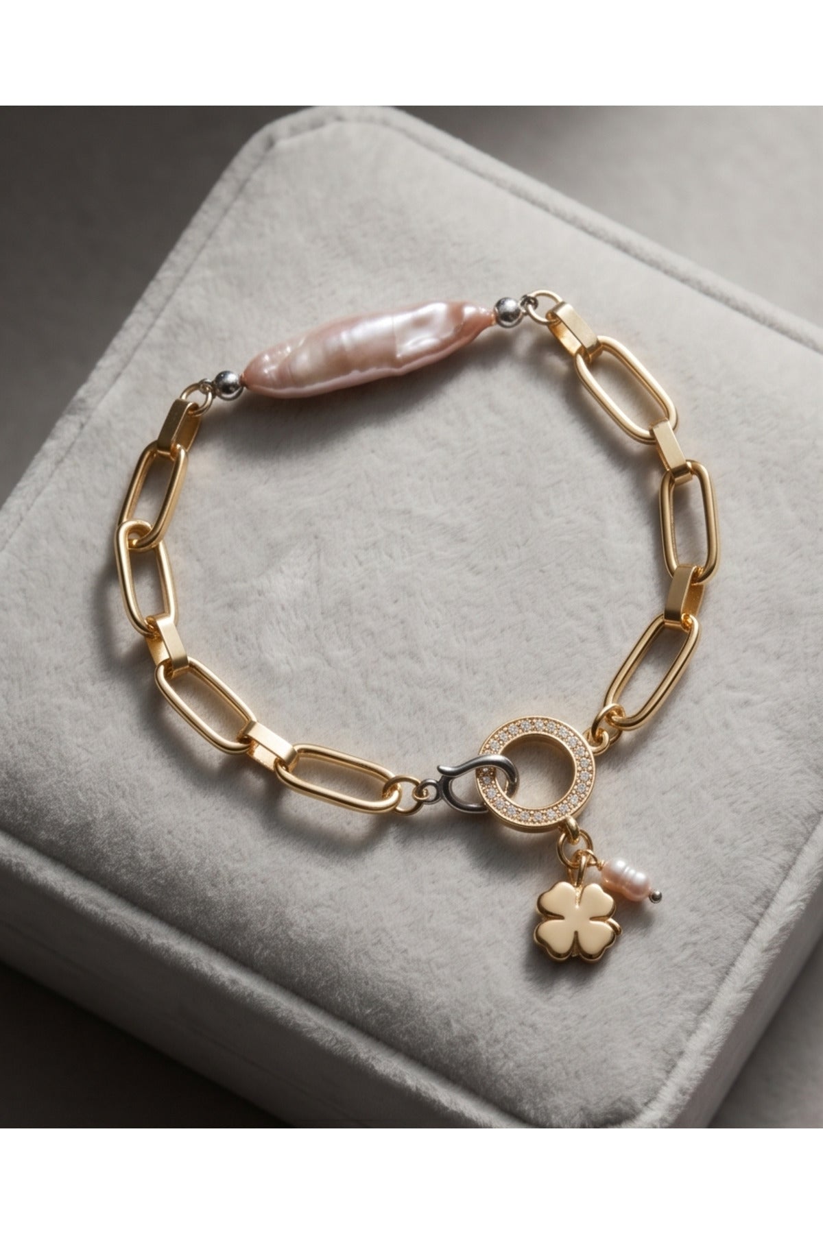 22 Ayar Altın Kaplama Doğal Pembe İncili Yonca Charm Detaylı Zincir Bileklik ✨💖🍀