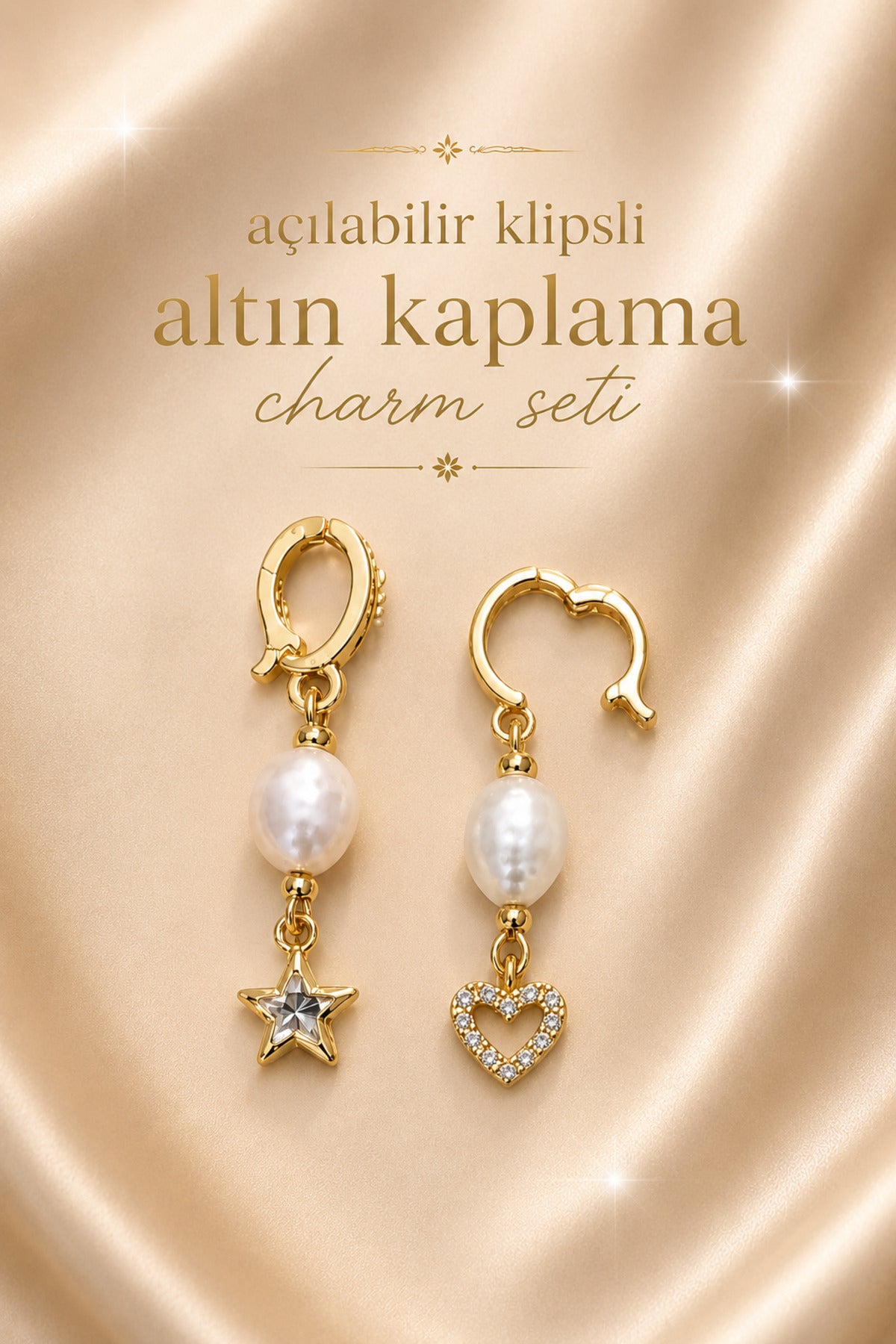 22 Ayar Altın Kaplama Açılabilir Klipsli Beyaz & Pembe Arpa İncili Zirkon Yıldız ve Kalp Charm Seti ✨💛