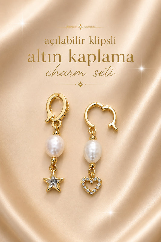 22 Ayar Altın Kaplama Açılabilir Klipsli Beyaz & Pembe Arpa İncili Zirkon Yıldız ve Kalp Charm Seti ✨💛