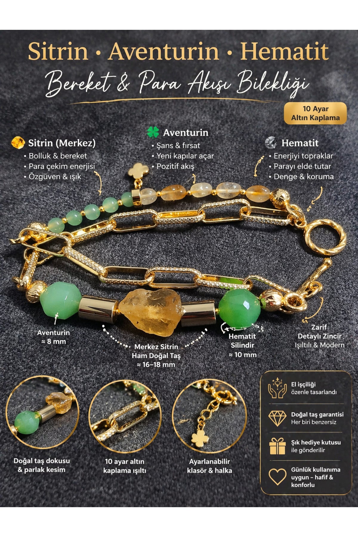 RODYUM KAPLAMA BEREKET VE PARA AKIŞI BİLEKLİĞİ (SİTRİN-AVENTURİN-HEMATİT)