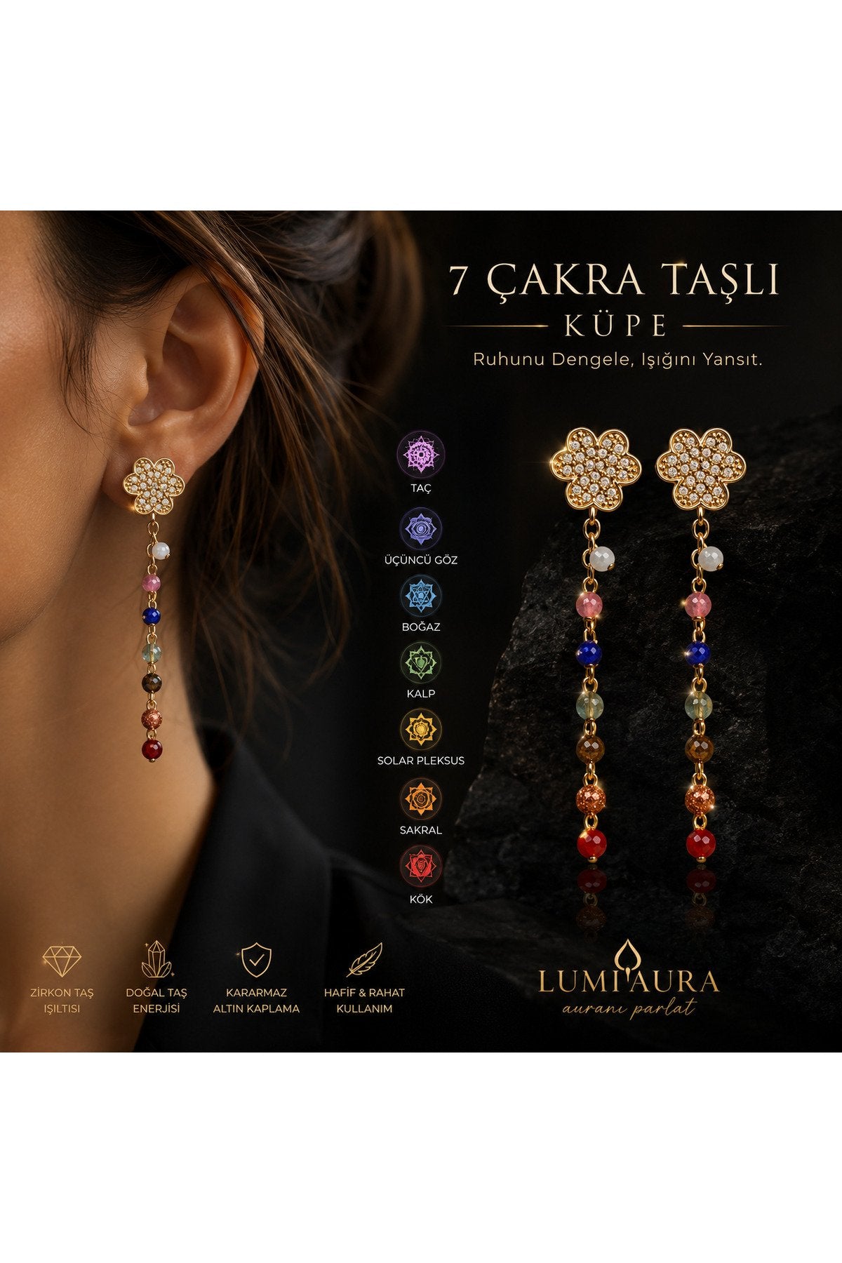 ALTIN KAPLAMA 7 ÇAKRA KÜPESİ