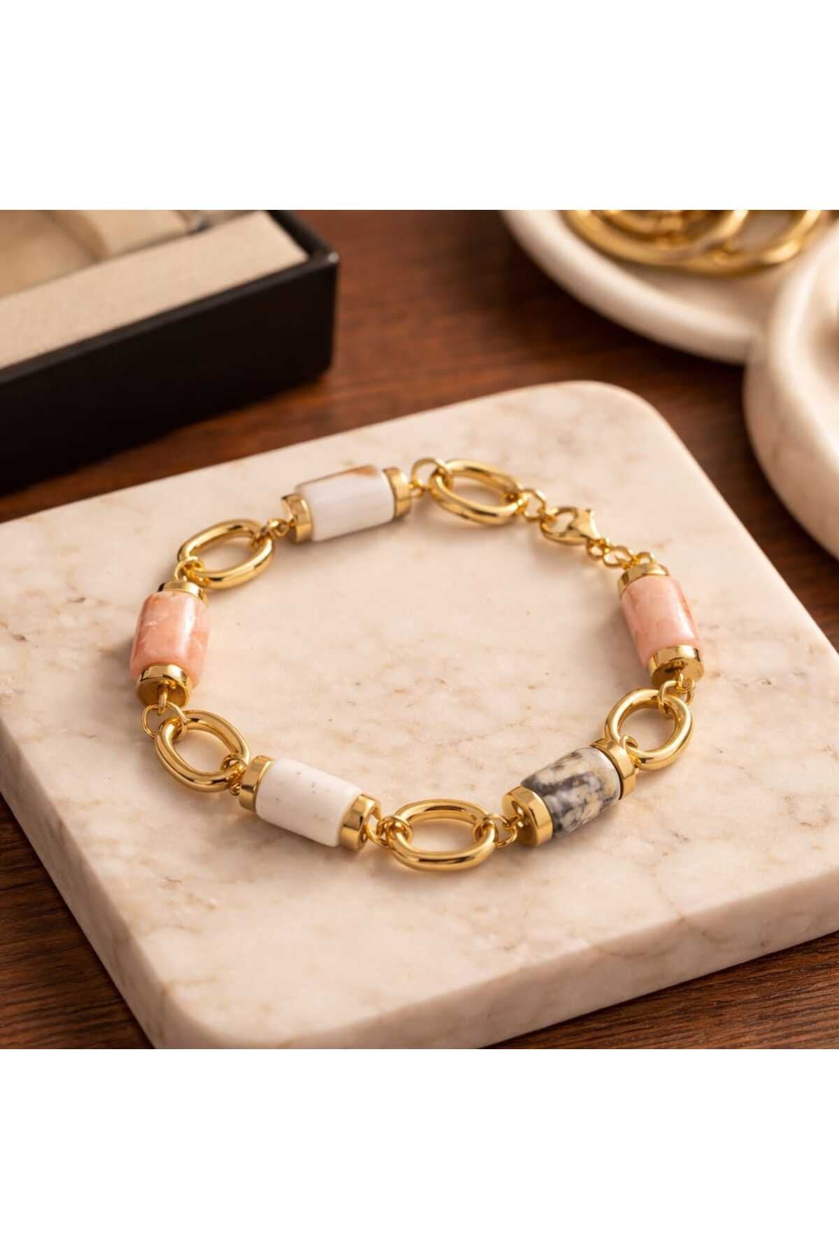 DOĞAL PEMBE OPAL TAŞLI ÇELİK BİLEKLİK