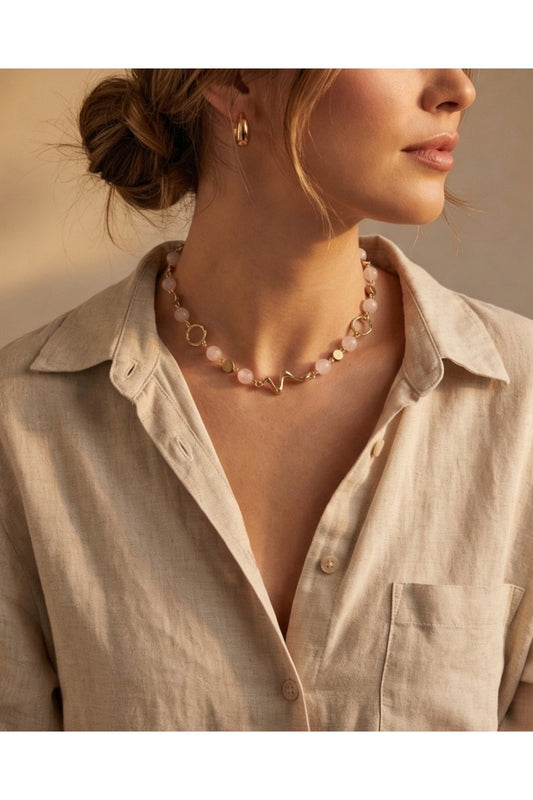 PEMBE KUVARS VE HEMATİT TAŞLI ALTIN KAPLAMA CHOKER KOLYE
