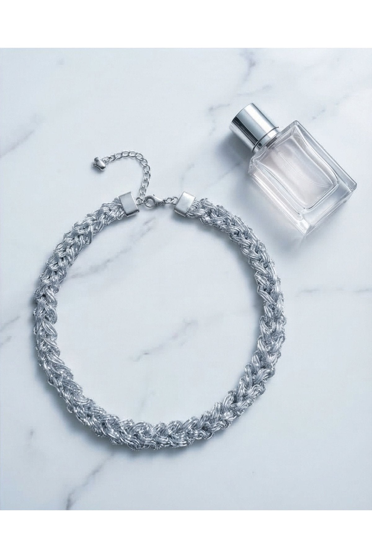 ÖZEL METALİK İP ÖRME -ÇELİK KAPAMALI VE HEMATİT TAŞI DETAYLI AÇILABİLİR KLİPSLİ CHARMLAR İÇİN CHOKER