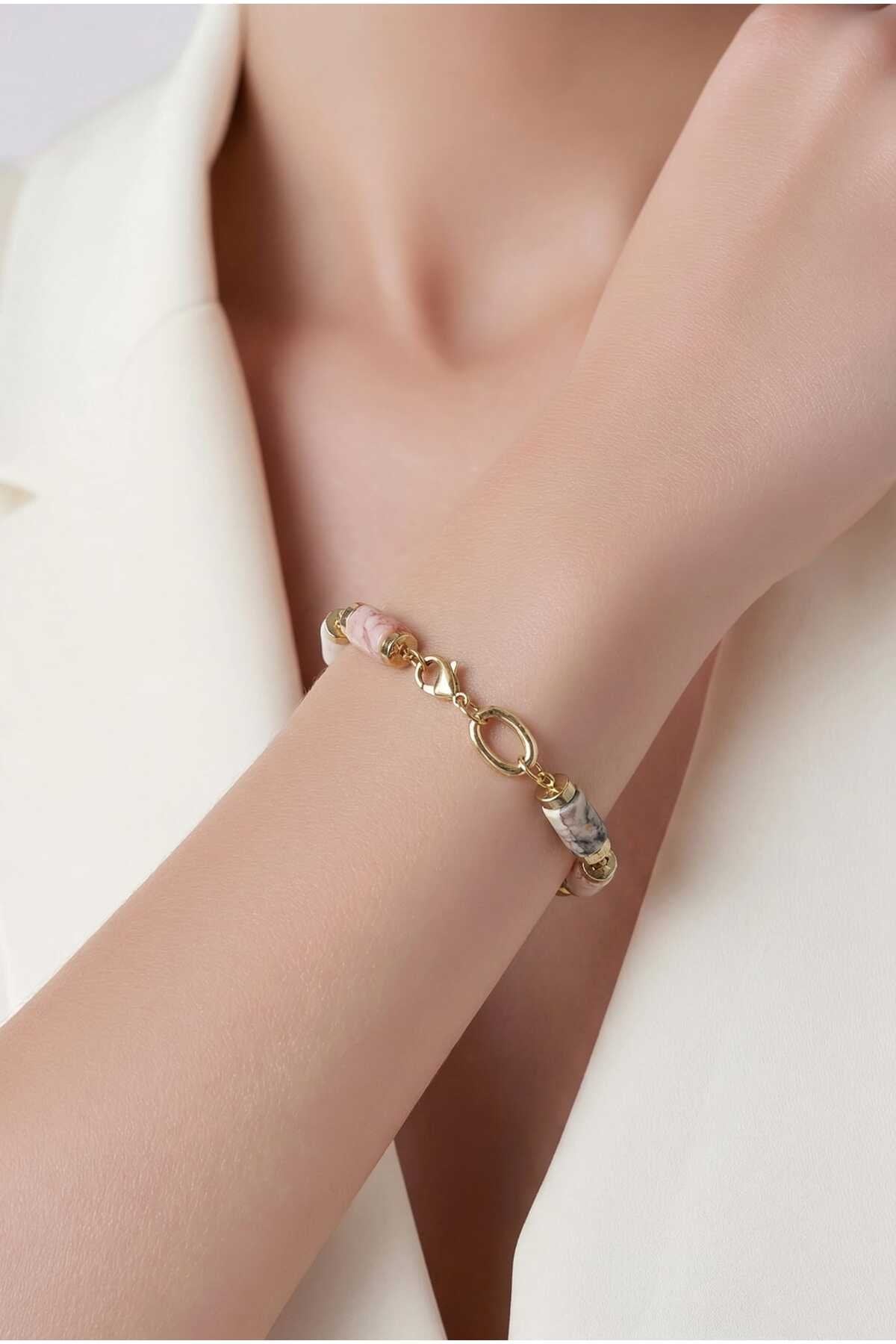 DOĞAL PEMBE OPAL TAŞLI ÇELİK BİLEKLİK