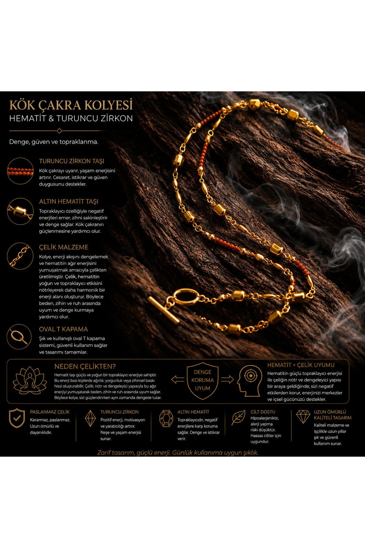 KÖK ÇAKRA KOLYESİ- HEMATİT - ZİRKON