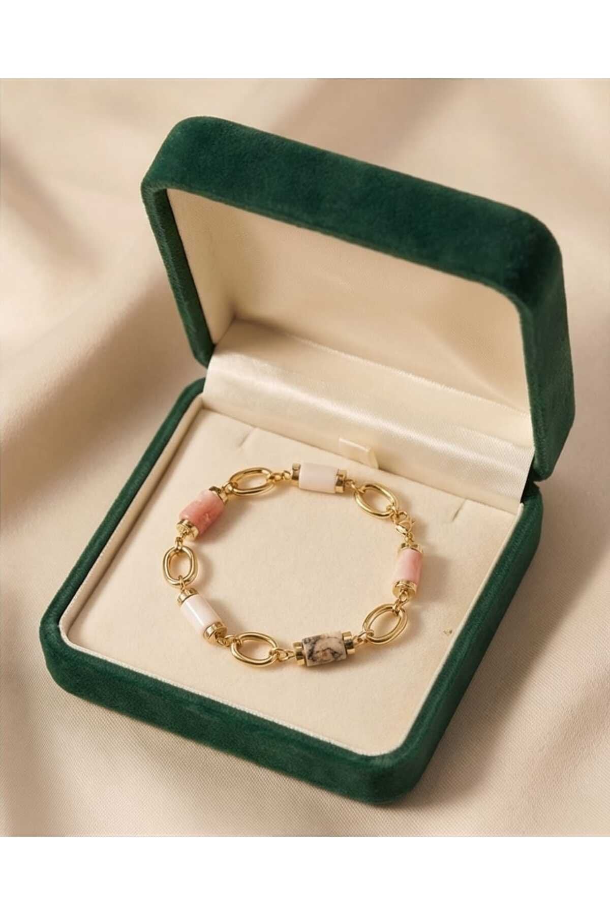 DOĞAL PEMBE OPAL TAŞLI ÇELİK BİLEKLİK