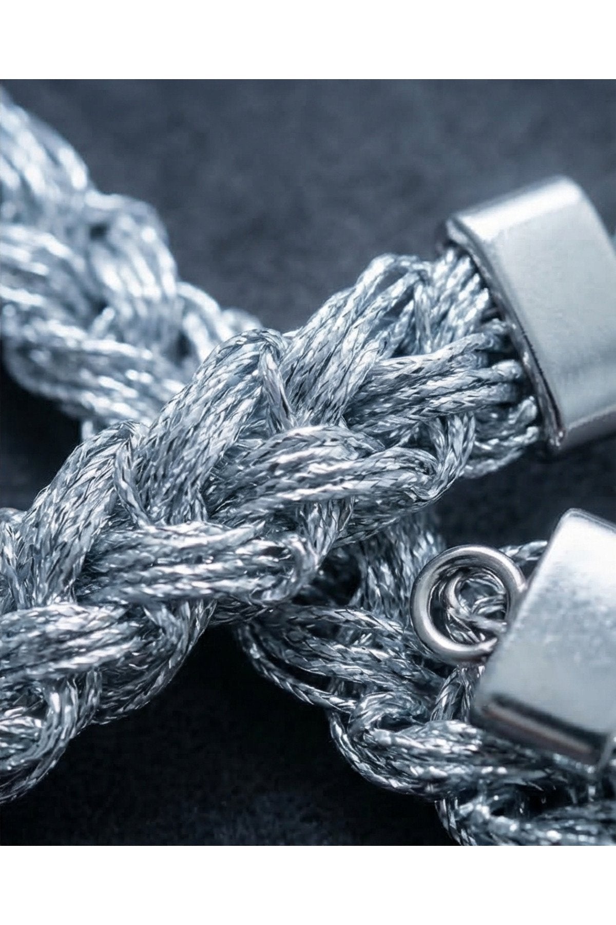 ÖZEL METALİK İP ÖRME -ÇELİK KAPAMALI VE HEMATİT TAŞI DETAYLI AÇILABİLİR KLİPSLİ CHARMLAR İÇİN CHOKER