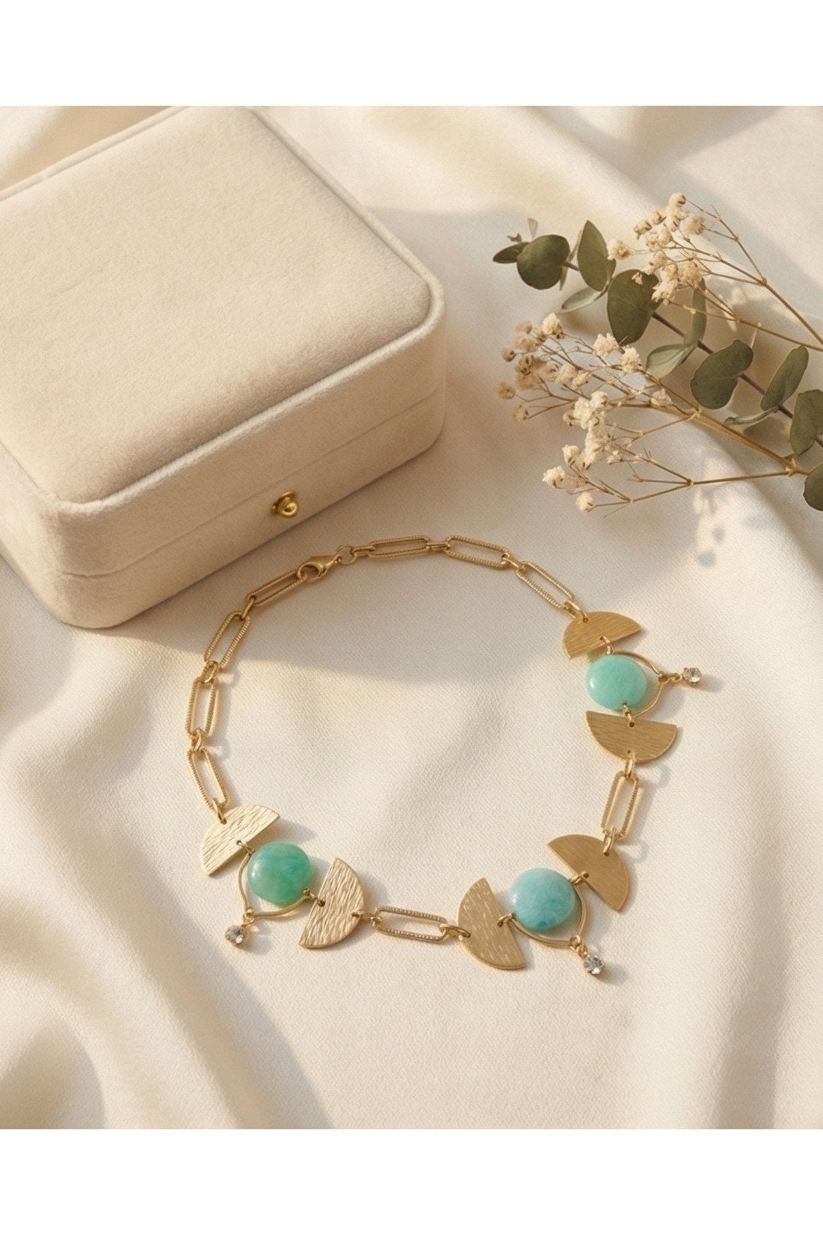 ALTIN KAPLAMA AMAZONİT TAŞLI CHOKER KOLYE